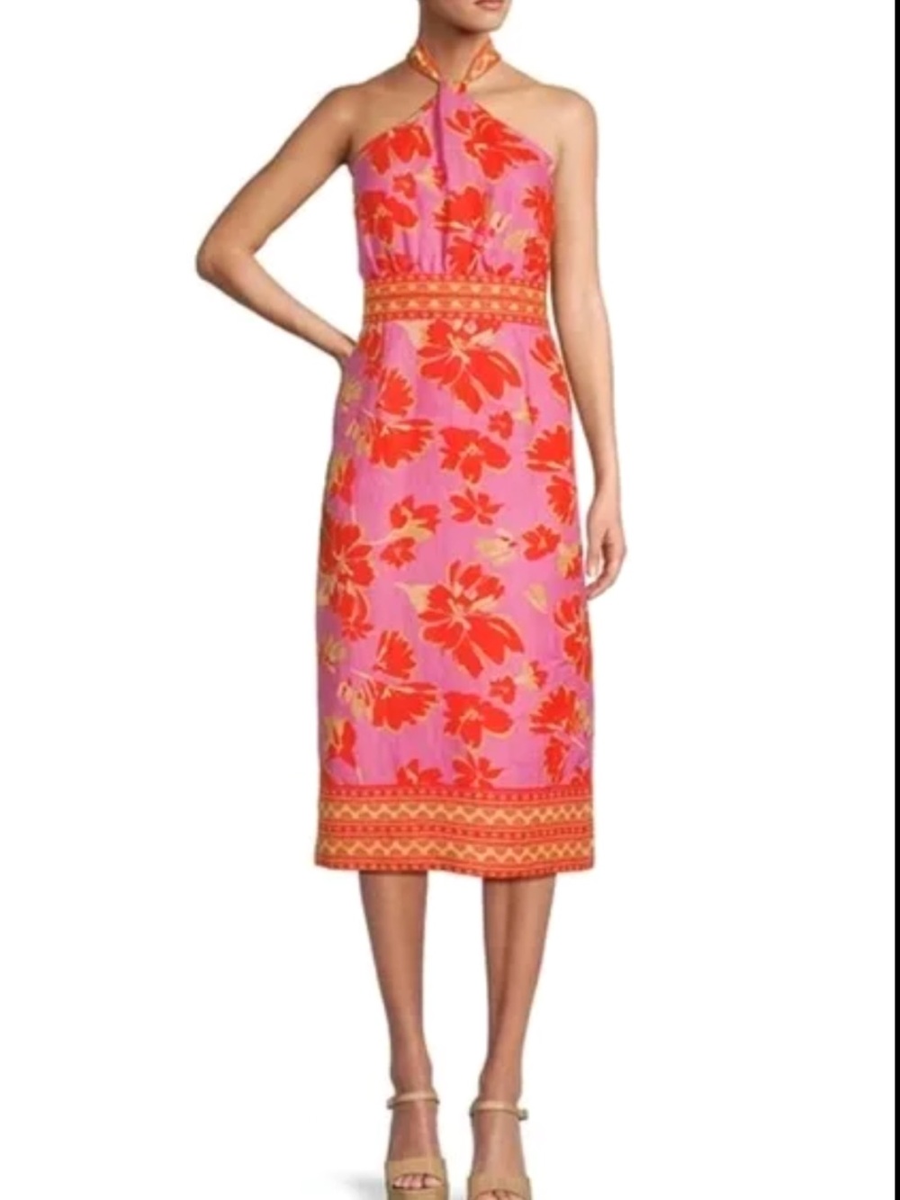 ANTONIO MELANI Pink and Red Floral Halter Midi Dress
